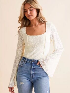 Ivory Floral Lace Square-Neck Bell Sleeve Blouse